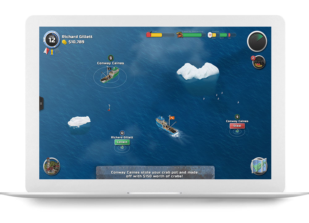 The Atlantic Empire game running on a laptop, showing the top-down ocean map