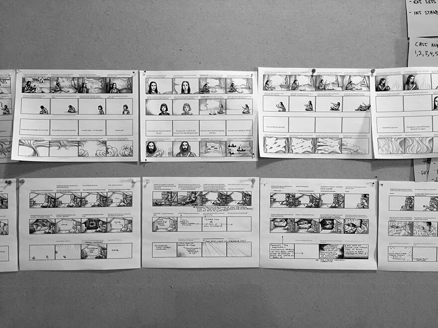 Storyboards for the character scenes pinned to a wall