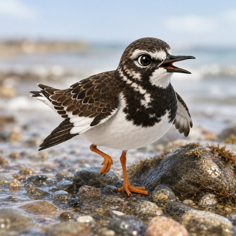 Black Turnstone in habitat, on wet shoreline rock