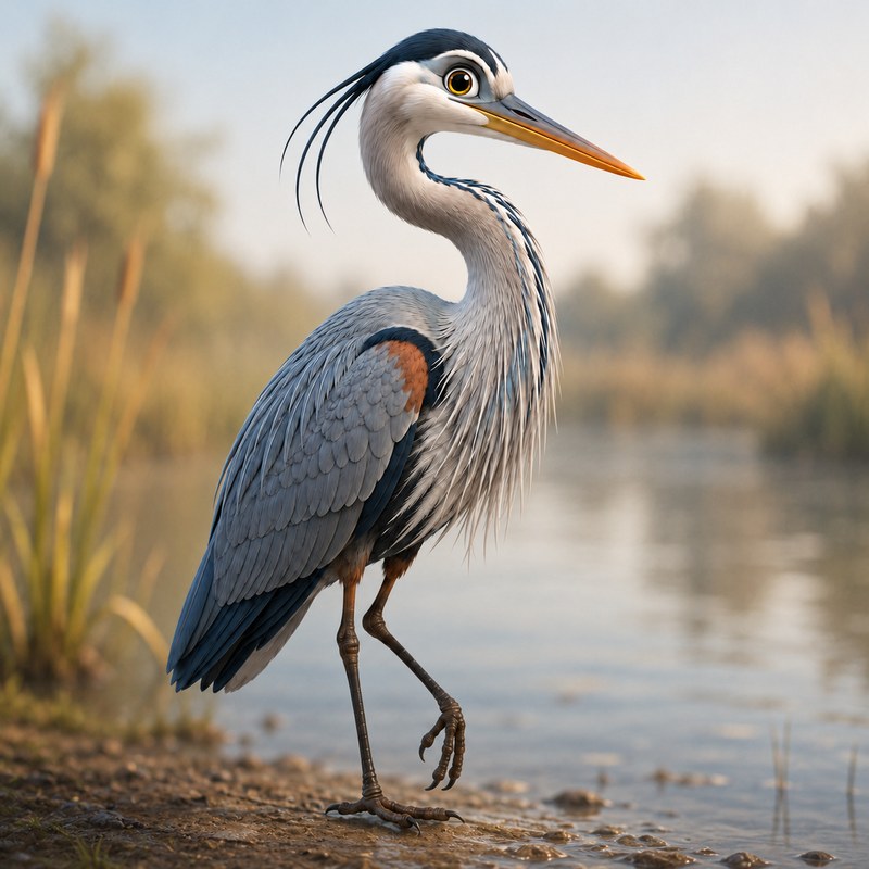 Great Blue Heron in habitat, standing in shallow water