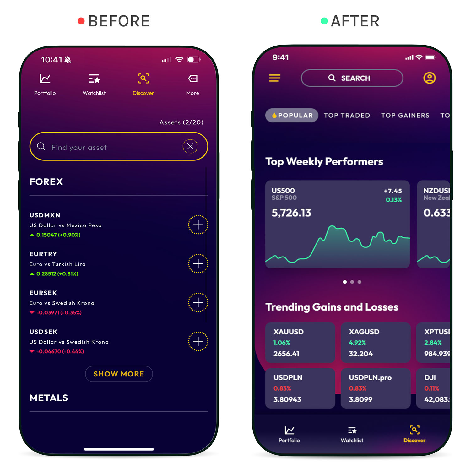 The discover screen before and after — scrollable category cards and quick filters surfacing trending assets