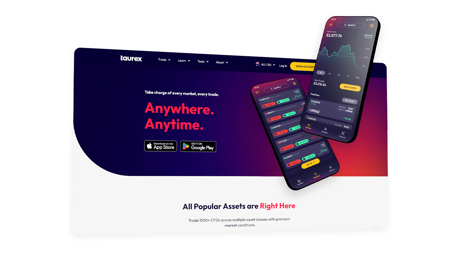 The Taurex homepage hero — “Anywhere. Anytime.” in red over deep navy, with App Store and Google Play badges and two phones showing the trading app